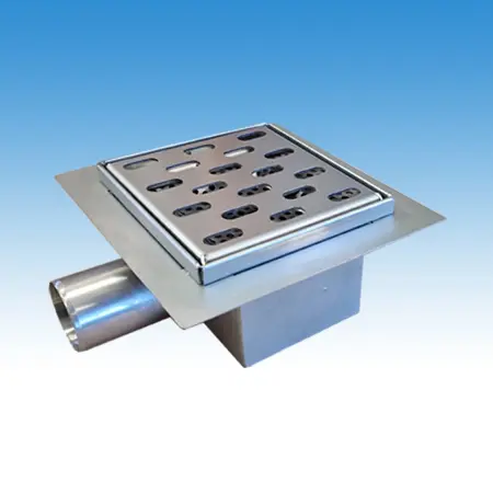 Rozsdamentes önálló padlóösszefolyó, oldalsó kifolyás, D 50mm, 140x140mm, rögzített perforált fedlap, szigetelő peremmel